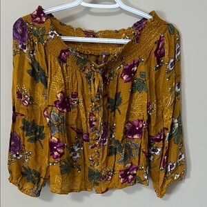 House of Harlow Floral Mustard Boho Peasant Blouse Grommet Tie Detail Size Small